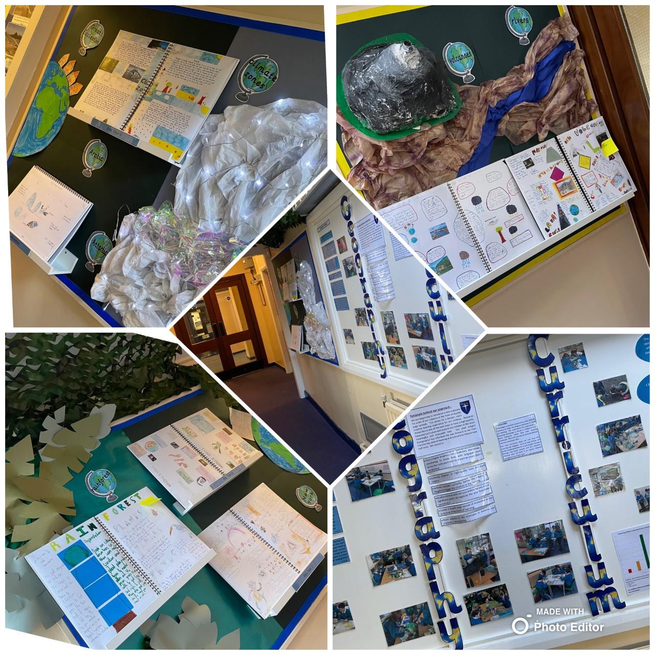 The corridor display after our pilot double page spread in geography (January 2022)